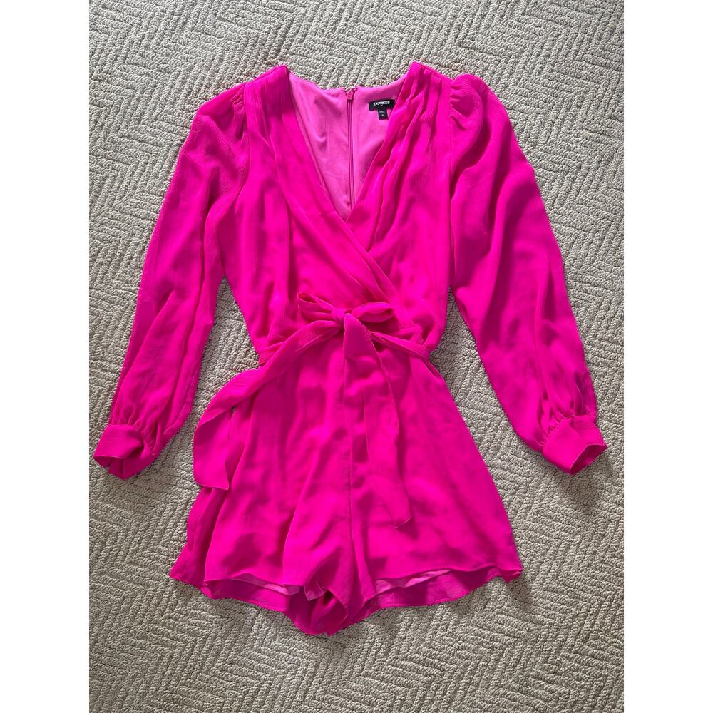 Express Hot Pink Wrap Romper Long Balloon Sleeve Tie Waist Women’s M